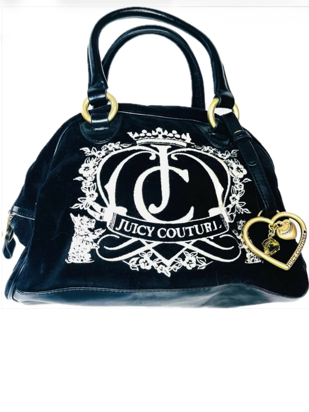 NWT Juicy Couture Black Velour Crest Satchel Hobo Bag Gold Heart Charm Y2K